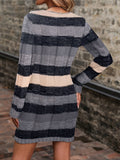 Vibrant Multicolor Striped V-Neck Long Sleeve Knitted Sweater Dress - Soft, Stylish, and Cozy with Patched Pockets and Above Knee Length - Perfect for Women's Casual Daily Wear and Outdoor Activities