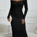 Zjkrl  -  Ribbed Midi Dress, Casual V Neck Long Sleeve Bodycon Dress, Women's Clothing