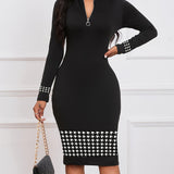 Zjkrl  -  Chic Zip-Up Striped Print Dress - Long Sleeve Bodycon Midi for All-Season Chic - Womens Casual Fashion Clothing Perfect for Everyday Glamour