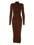 Chic High Neck Midi Dress - Body-Contouring Fit - Versatile Elegance for Work to Weekend