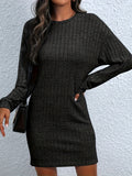 Solid Sweater Dress, Elegant Crew Neck Long Sleeve Bag Hip Dress, Women's Clothing