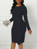 Solid Ruffle Trim Belted Dress, Elegant Long Sleeve Slim Dress For Spring & Fall, Women's Clothing