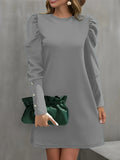 Solid Crew Neck Dress, Elegant Puff Sleeve Button Decor Dress, Women's Clothing