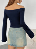 Off-The-Shoulder Asymmetrical Hem Y2K T-Shirt for Women, Solid Color Long Sleeve Knit Top, Polyester/Spandex Blend, All-Season Fashion