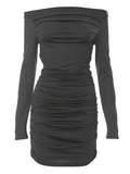 Mini Ruched Bodycon Off Shoulder Long Sleeve Dress - Elegant, Stretchy, and Comfortable - Perfect for Spring and Fall Seasons, Womens Clothing