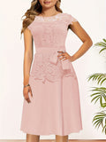 Elegant Lace Contrast Dresses, Cap Sleeve Crew Neck A Line Dresses With Belted, Women's Clothing