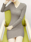 Solid Knit Sweater Dress, Elegant V Neck Long Sleeve Bodycon Dress For Fall & Winter, Women's Clothing