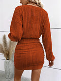 Elegant All-Season Ribbed Knit Dress: V-Neck with Lantern Sleeves, Versatile & Easy-to-Care - Perfect for Every Occasion