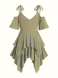 Spring/Summer Chic Midi Dress: Sexy Cold Shoulder, Lace-Up, Trendy Y2K Asymmetrical Hem - Perfect Fit & Easy Care