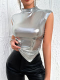 Vibrant Metallic Hanky Hem T-Shirt - Sexy Mock Neck, Cap Sleeve, Slim Fit, Comfortable, Breathable, Perfect for Spring & Summer, Women's Clothing