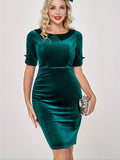 Velvet Split Hem Bodycon Dress, Elegant Short Sleeve Dress For Spring & Summer, Women's Clothing