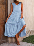 Loose Casual Sleeveless V Neck Ruffle Hem Dress for Spring & Summer, Women's Clothing