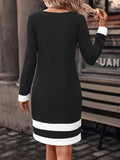 Striped Crew Neck Dress, Elegant Long Sleeve Slim Fit Dress For Spring & Fall, Women's Clothing