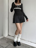 Y2K-Inspired Cotton Knit Dress: Elegant Lace, Crew Neck, Ruffle Hem - Perfect for Spring/Fall, Comfort Fit