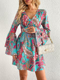 Paisley Print Layered Dress, Boho V Neck Long Sleeve Pleated Dress, Women's Clothing