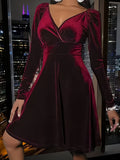 Plus Size Solid Velvet Swing Cinched Waist Dress - Elegant Long Sleeve V Neck, Flattering Fit for Spring & Fall, Women's Comfortable Clothing for Curvy Figures