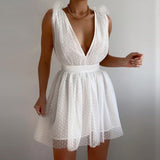 Zjkrl Mini Dress - Tulle Plunge Dress in White