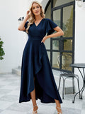 Vibrant Solid Color Ruffled Tulip Hem Dress - Elegant Surplice Neck, Delicate Sleeve Details, Flowy Design for Women - Perfect for Spring and Summer Seasons