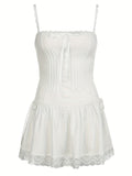 Mini Cami Dress with Contrast Lace and Bow Decor - Spaghetti Strap, Polyester, Micro Elasticity, Machine Washable - Perfect for Spring and Summer, Asian Style, All-Season Wear