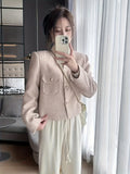 Flap Pockets Button Front Jacket, Chic Crew Neck Long Sleeve Coat For Fall & Winter, Women's Clothing