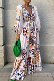 ZJKRL - Fashion Elegant Print Draw String Frenulum V Neck A Line Dresses