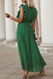 Elegant Solid Flounce Strap Design V Neck Pleated Dresses(6 Colors)