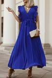 Elegant Solid Flounce Strap Design V Neck Pleated Dresses(6 Colors)