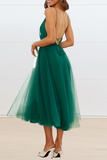 Casual Solid Mesh V Neck Cake Skirt Dresses(4 Colors)