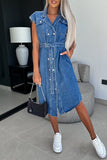 Casual Solid Patchwork With Belt Turndown Collar Sleeveless Regular Denim Dresses