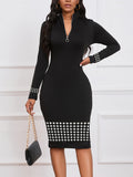 Zjkrl  -  Chic Zip-Up Striped Print Dress - Long Sleeve Bodycon Midi for All-Season Chic - Womens Casual Fashion Clothing Perfect for Everyday Glamour