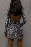 Sexy Solid Backless Sequined O Neck Wrapped Skirt Dresses