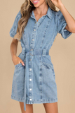 Casual Solid Pocket Turndown Collar Long Sleeve Denim Dresses