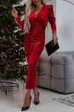 Elegant Solid Fold V Neck Long Sleeve Dresses