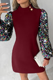 Casual Patchwork Hollowed Out Sequins Half A Turtleneck Long Sleeve Dresses