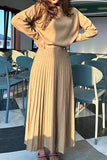 Elegant Solid Fold O Neck Long Sleeve Two Pieces