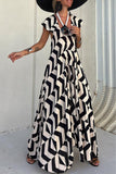 ZJKRL - Casual Vintage Geometric Print Ripple Backless Asymmetrical V Neck Printed Dresses