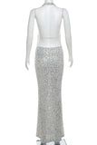 Sexy Party Solid Sequins Backless Halter Wrapped Skirt Dresses