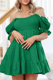 Elegant Solid Flounce Fold Off the Shoulder Cake Skirt Dresses