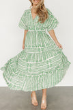 Vintage Vacation Striped Print Patchwork V Neck Printed Dresses