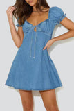 Casual Street Solid Hollowed Out Frenulum V Neck Short Sleeve Denim Dresses