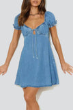 Casual Street Solid Hollowed Out Frenulum V Neck Short Sleeve Denim Dresses