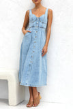 Zjkrl - Elegant Solid Make Old Pocket Buckle V Neck Sleeveless Loose Denim Dresses