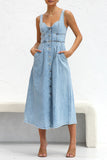 Zjkrl - Elegant Solid Make Old Pocket Buckle V Neck Sleeveless Loose Denim Dresses