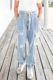 Zjkrl - Casual Solid Lace Ripped Pocket High Waist Denim Jeans