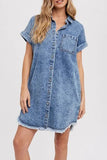 Casual Solid Pocket Turndown Collar Short Sleeve Loose Denim Dresses