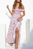 Sweet Elegant Print Flowers Fold Stringy Selvedge Off the Shoulder A Line Dresses(5 Colors)