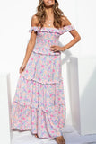 Sweet Elegant Print Flowers Fold Stringy Selvedge Off the Shoulder A Line Dresses(5 Colors)