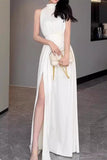 Celebrities Elegant Solid Slit Fold Halter Waist Skirt Dresses