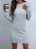 Solid Sweater Dress, Elegant Crew Neck Long Sleeve Bag Hip Dress, Women's Clothing