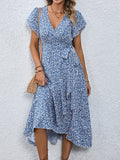 Women's Spring & Summer Dress - Elegant Floral Print, Surplice Neck with Tie, Casual Flutter Sleeves & Ruffle Hem, Perfect for Every Day & Special Occasions